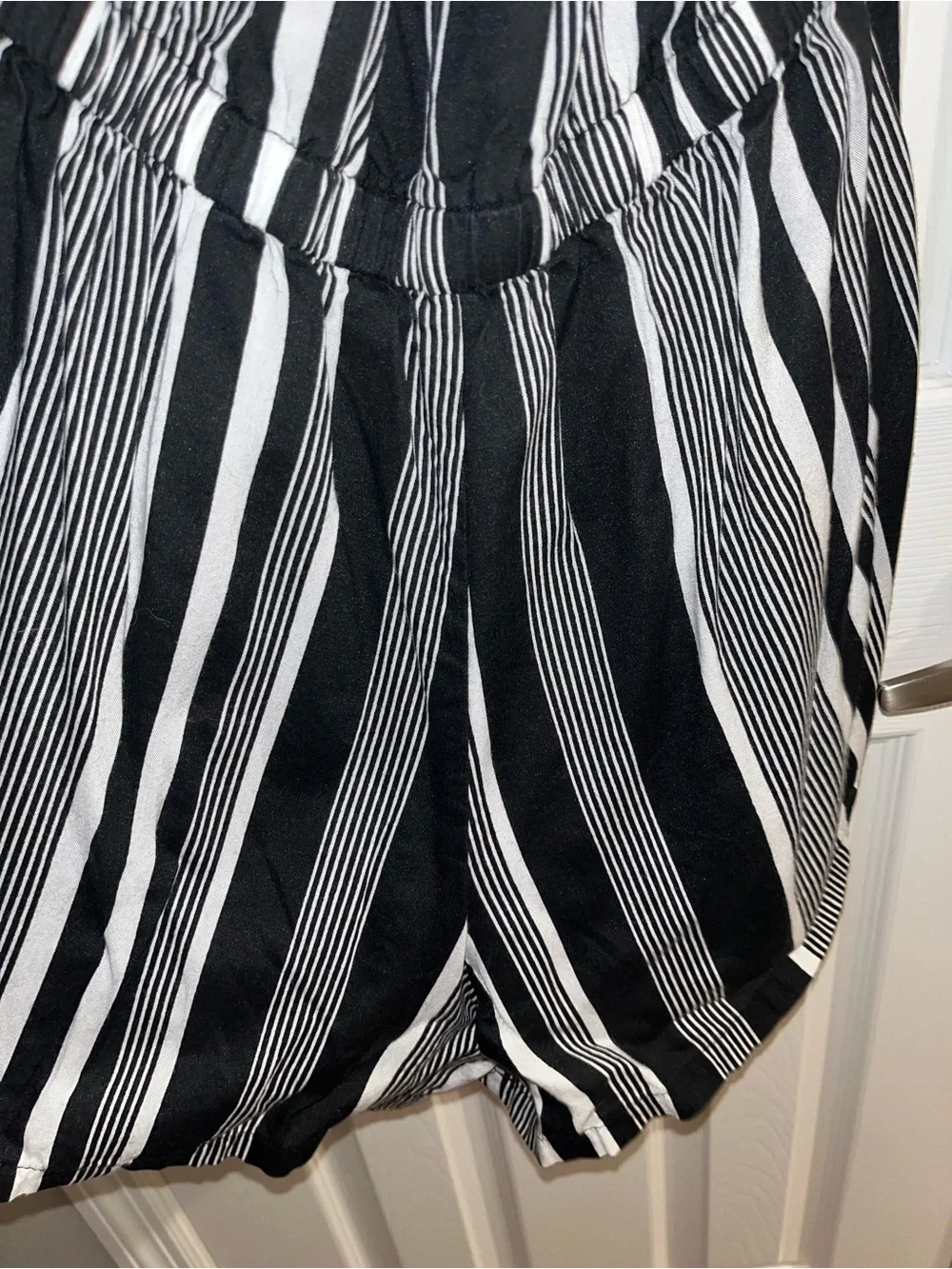 Derek Heart Black and White Striped Off-Shoulder Romper